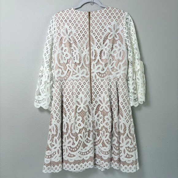 Eliza J Fit & Flare Lace Dress Petite 12 12P Ivory Nude Lining 3/4 Bell Sleeve - Picture 3 of 13